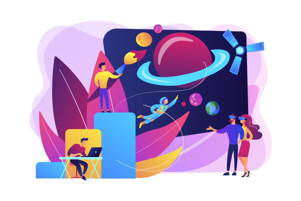 VR space exploration, virtual reality cosmos travel. Virtual world development, simulated environment experiences, virtual worlds design concept. Bright vibrant violet vector isolated illustration