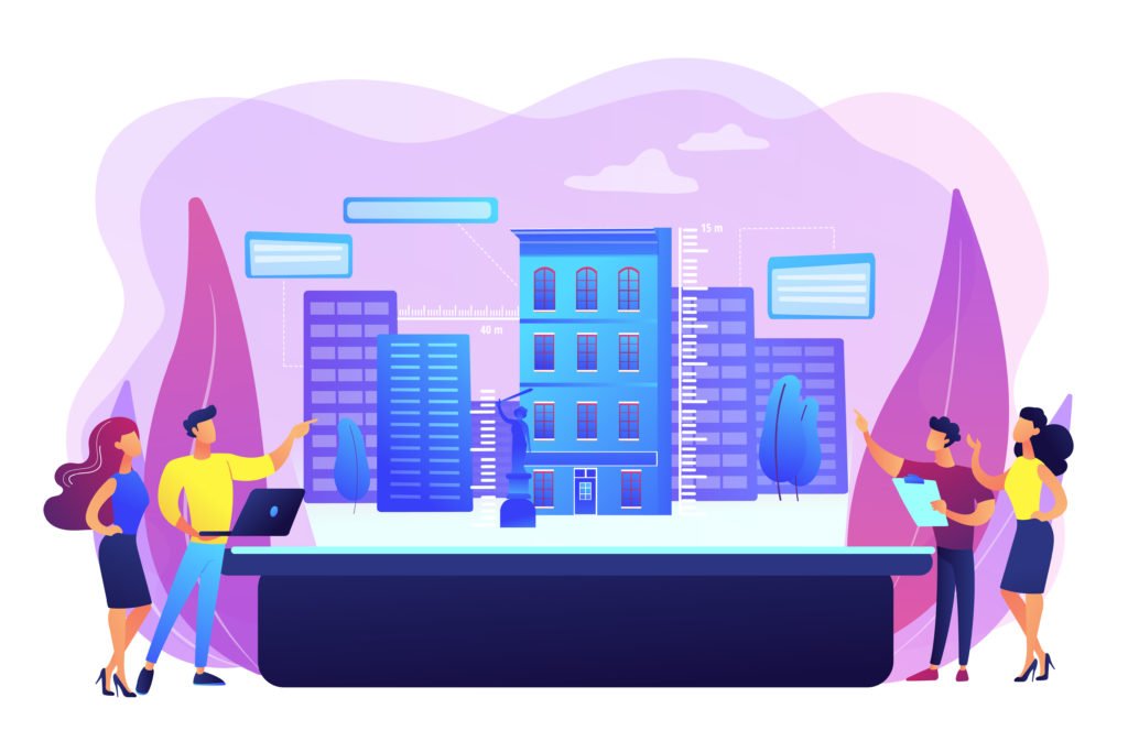 Augmented reality urban modeling, city VR experience. Interactive design visualization, virtuality architecture, virtual reality experiences concept. Bright vibrant violet vector isolated illustration